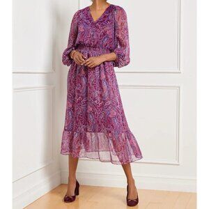 Talbots Purple Satin Fit and Flare Paisley Metallic Threading Dress Womens 16